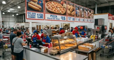 Costco food court counter with pizza and hot dogs