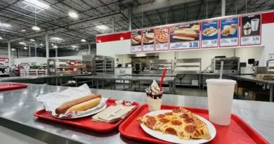 Costco food court items including hot dog pizza slice and sundae on counter