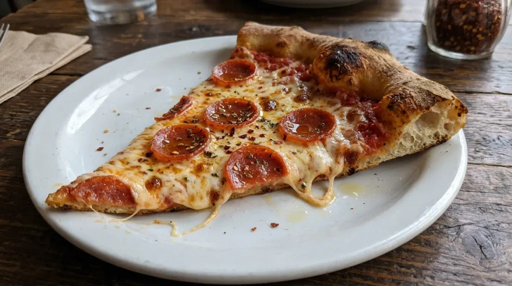 Costco pizza slice on a plate