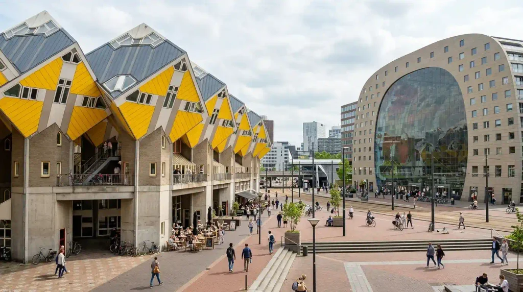 Cube Houses and Markthal market hall in central Rotterdam