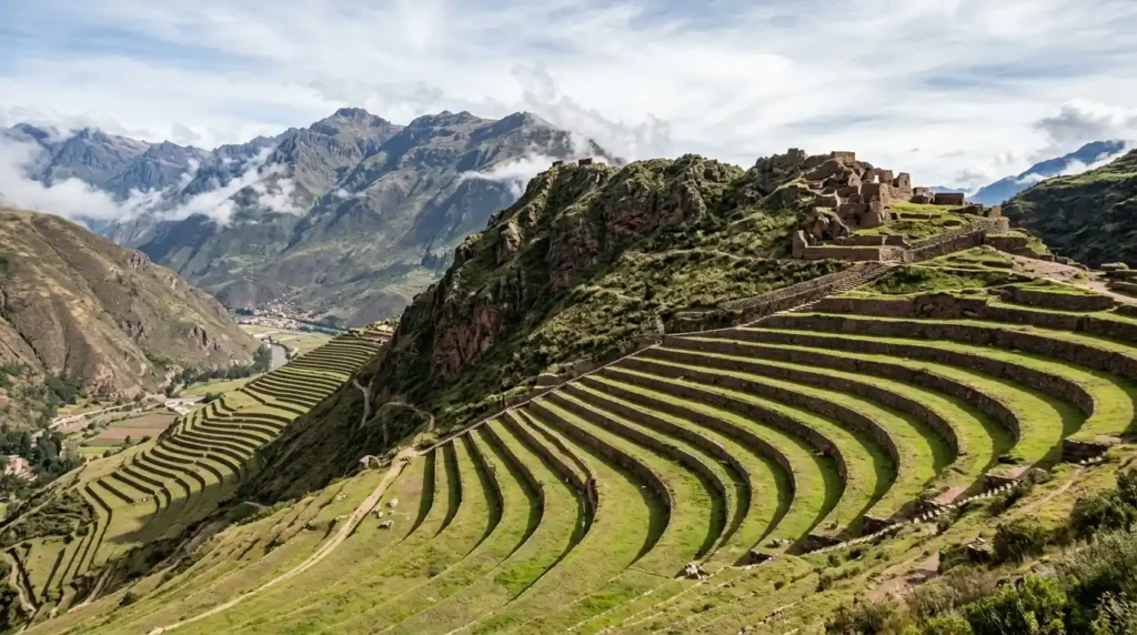 Terraced hillsides of the Sacred Valley near Pisac with Andean mountains behind