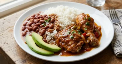 Dominican la bandera plate with rice, beans, chicken and avocado