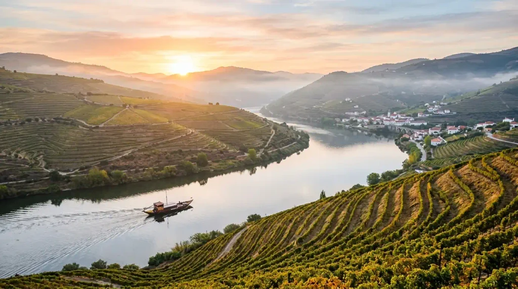 Sunrise over terraced vineyards and the Douro River near Pinhão on a Porto Portugal day trip