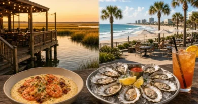 Marsh boardwalk restaurants at sunset in Murrells Inlet