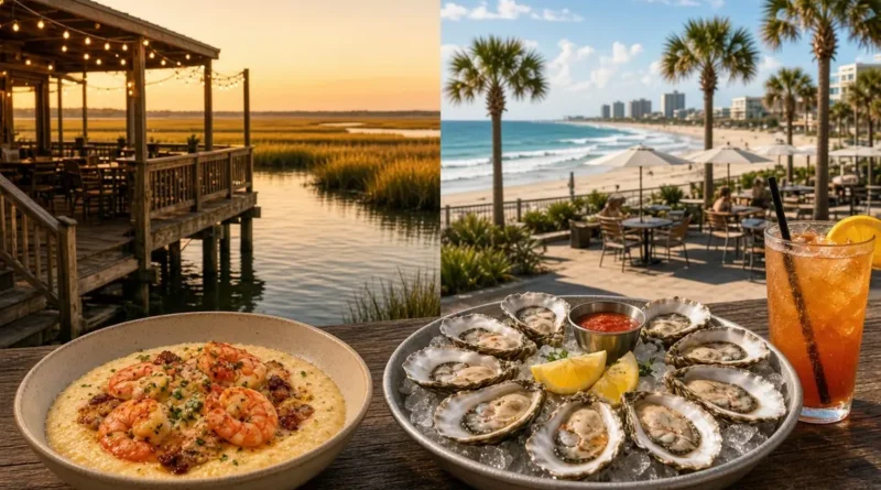 Marsh boardwalk restaurants at sunset in Murrells Inlet