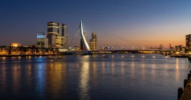 Erasmus Bridge and Rotterdam skyline at dusk from the riverbank