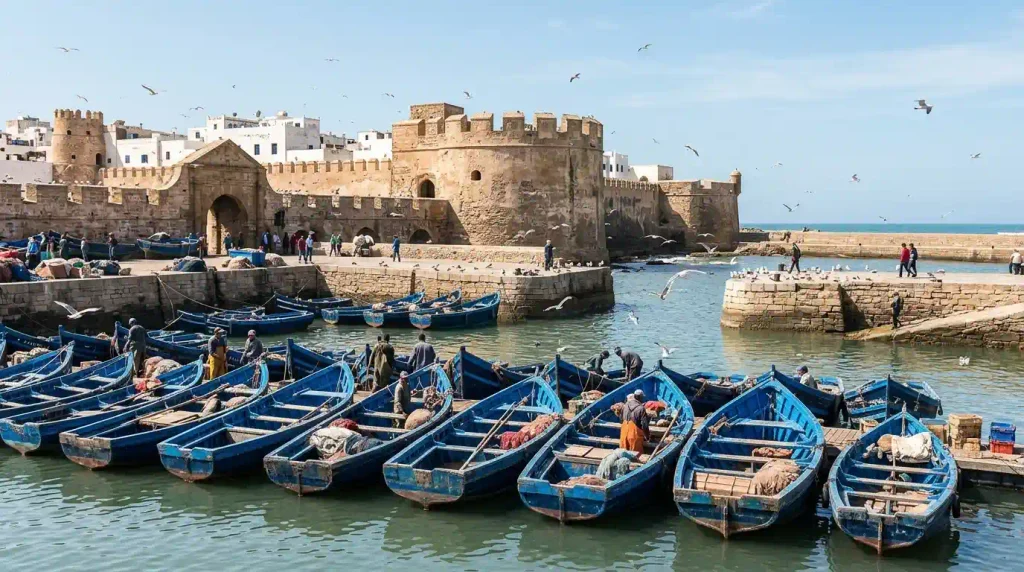 Essaouira ramparts and blue boats in the port.