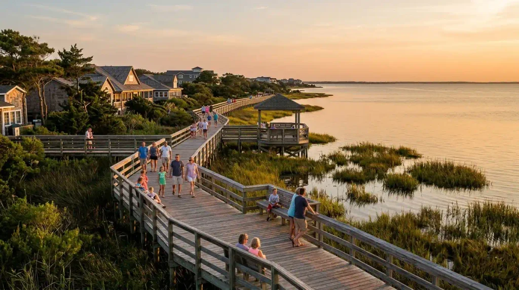 Family beach town in North Carolina with boardwalk at Duck on the Outer Banks