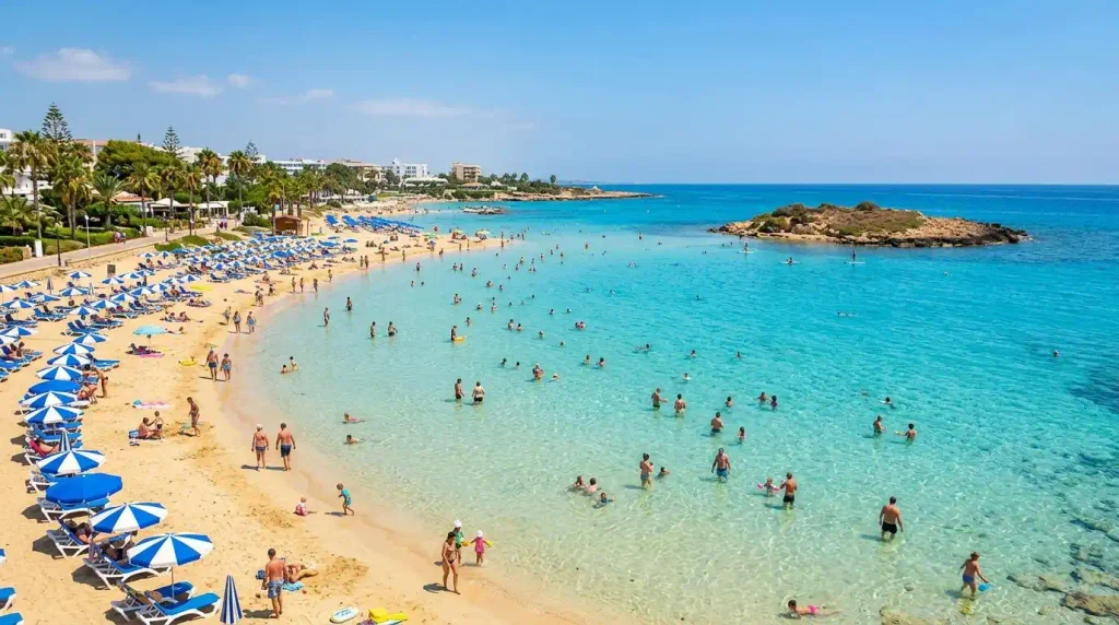 Family-friendly beach in Cyprus at Fig Tree Bay with shallow turquoise water