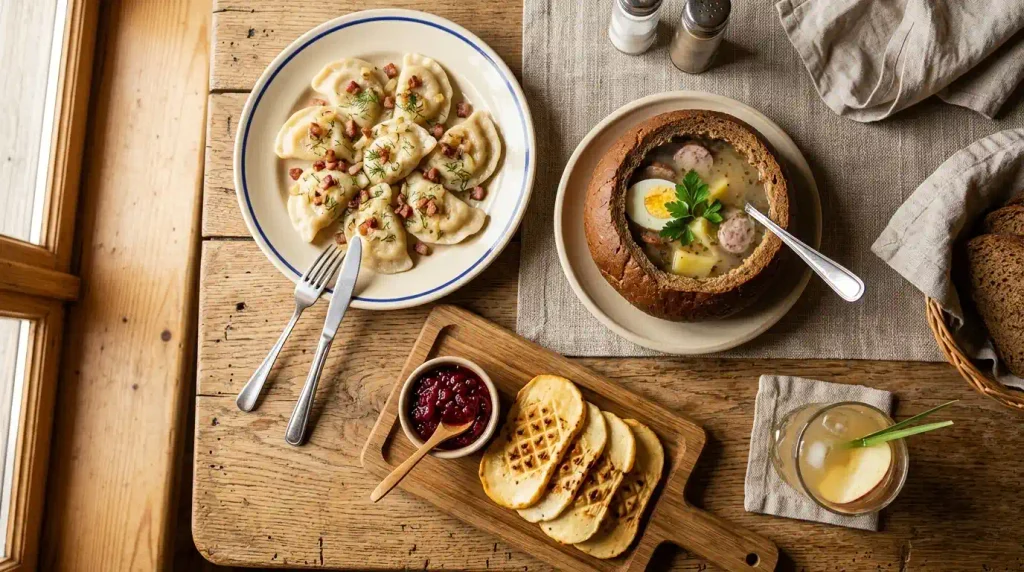 Plate of pierogi, żurek and grilled oscypek on a wooden table, traditional Polish food to try in Poland