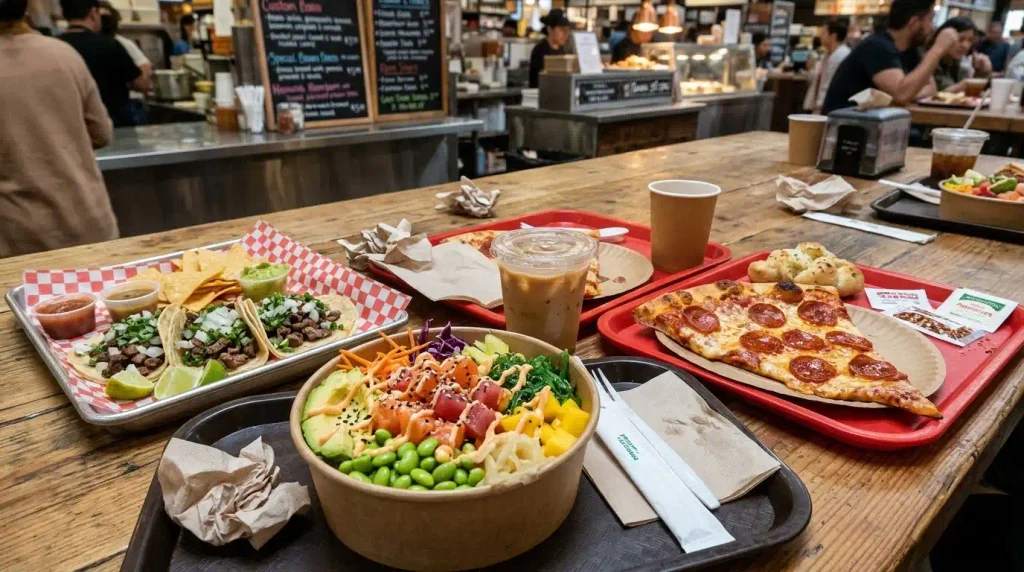 Food from multiple vendors at Sterling Food Hall