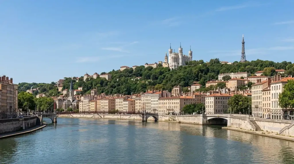 Fourvière Basilica overlooking Lyon France attractions and river