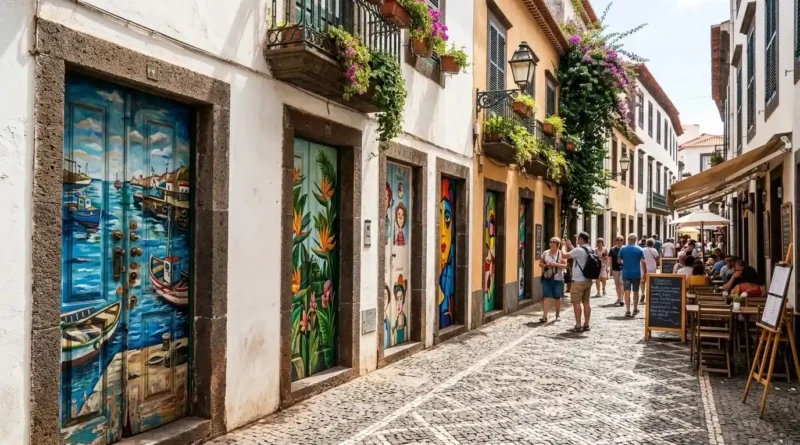 Painted doors in Funchal Old Town with colorful street scene