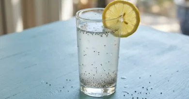 Glass of chia seeds in coconut water with lemon