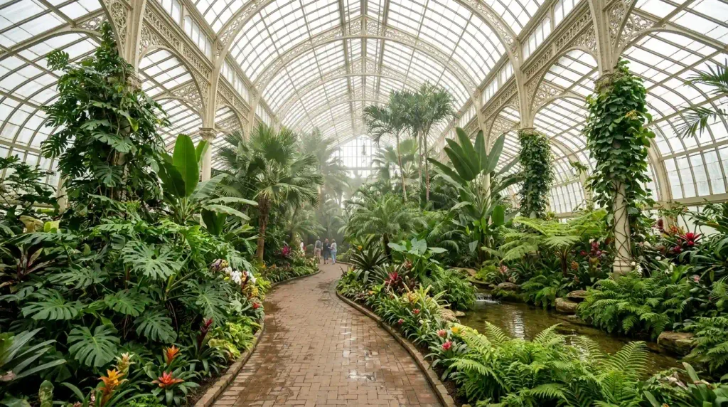 Glasshouse interior with tropical plants at Franklin Park Conservatory