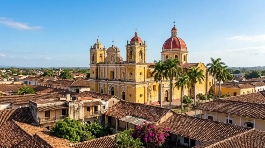 Granada cathedral in Nicaragua with yellow facade and red dome