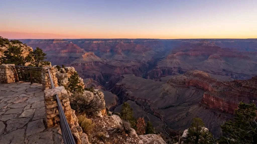 Grand Canyon overlook at sunset showing layered rock formations in Arizona USA
