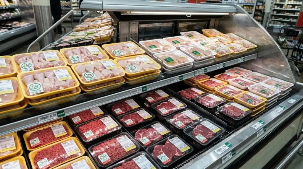 Halal labeled meat packages in a grocery store