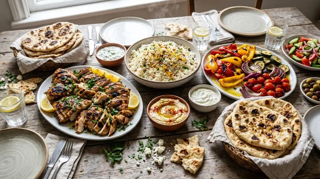 Halal meal with grilled chicken and sides