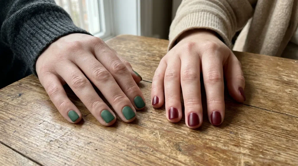 Forest green and wine red holiday nail colors on short nails