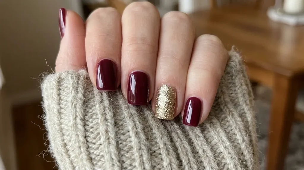 Holiday nail designs in deep wine red with gold accent on short nails