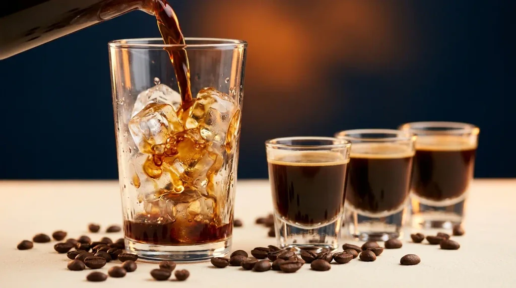 Cold brew poured over ice beside three espresso shots to show coffee caffeine content