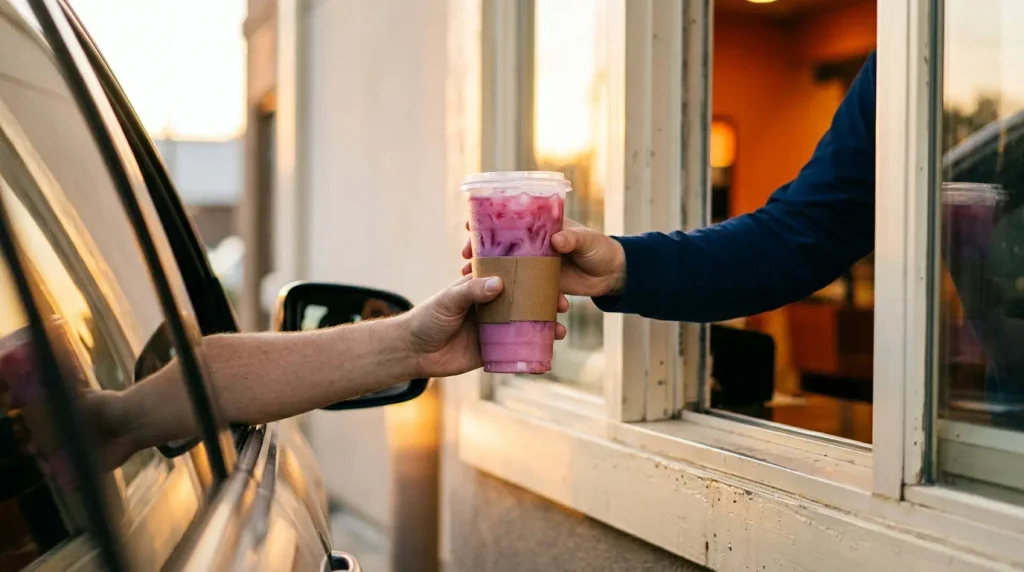 A drive-thru window handoff of a custom iced drink to a driver