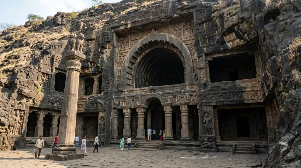 Karla Caves rock-cut entrance with carved architecture