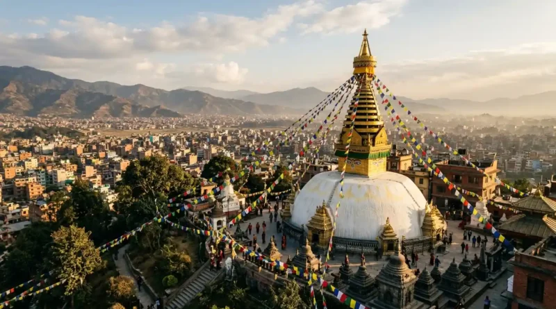 Swayambhunath stupa with prayer flags and valley view