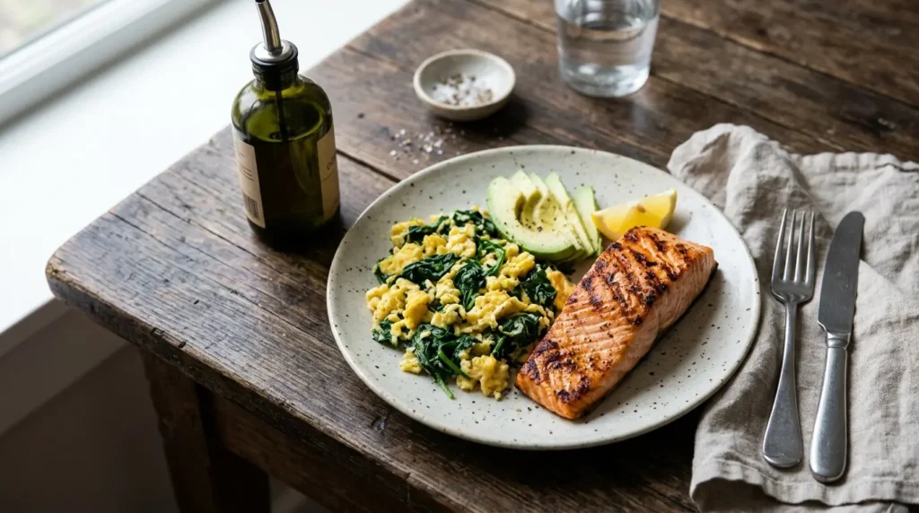 Keto recipes plate of eggs avocado and salmon