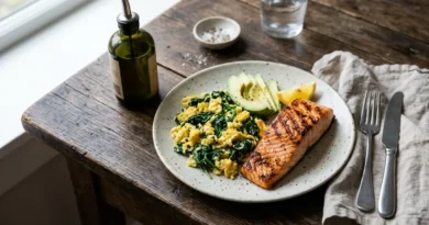 Keto recipes plate of eggs avocado and salmon