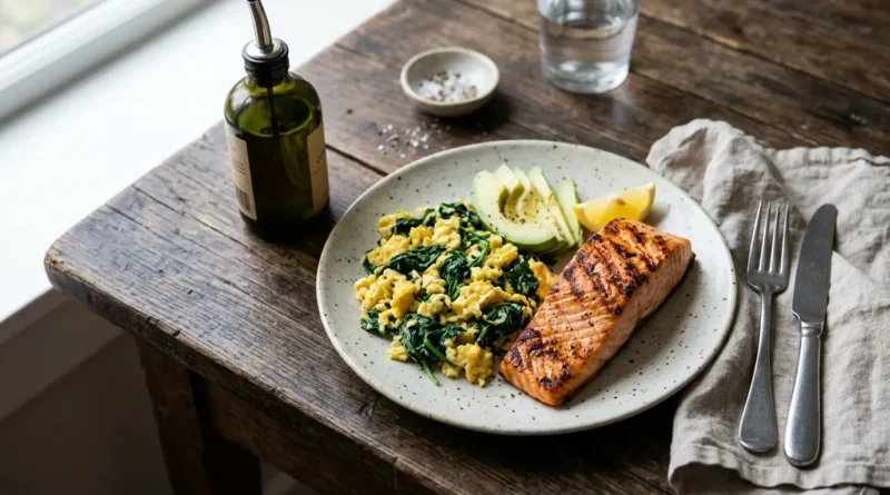 Keto recipes plate of eggs avocado and salmon