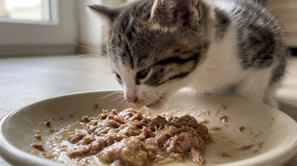 Kitten eating wet food formulated for growth and development