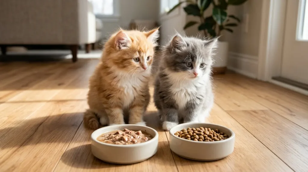 Kittens next to bowls of wet and dry kitten food