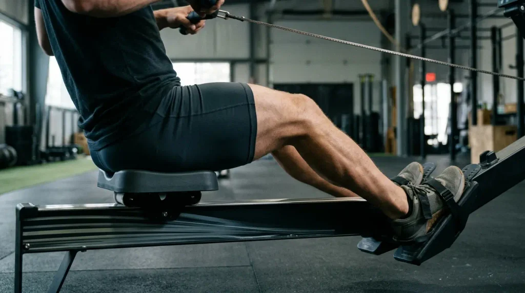 Leg drive phase on rowing machine working quadriceps and glutes