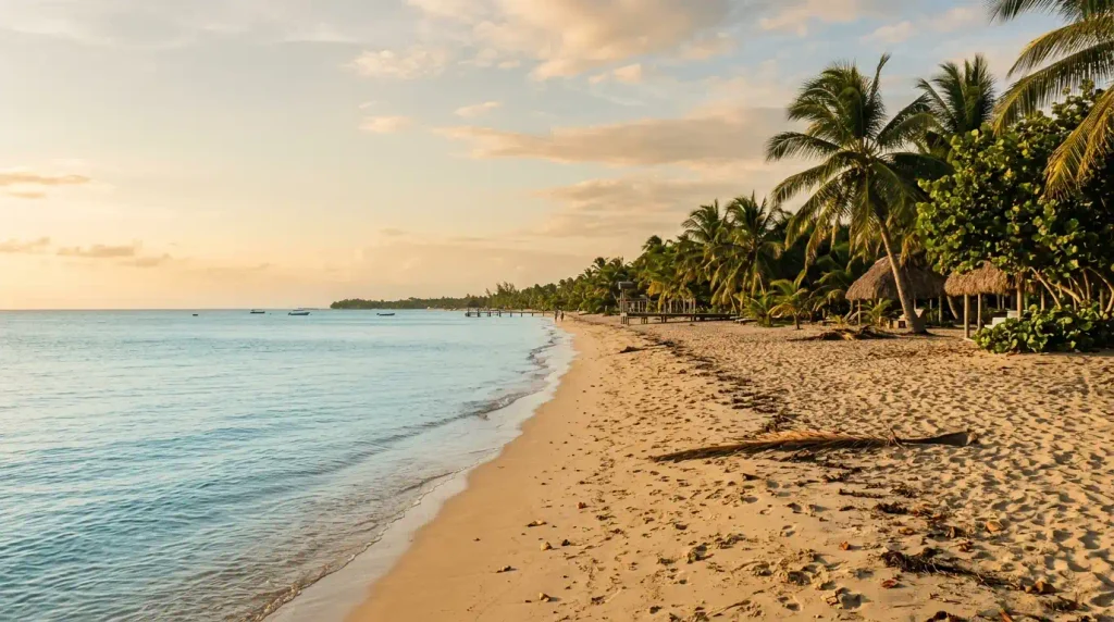 Long sandy beach in Belize along the Placencia Peninsula shoreline