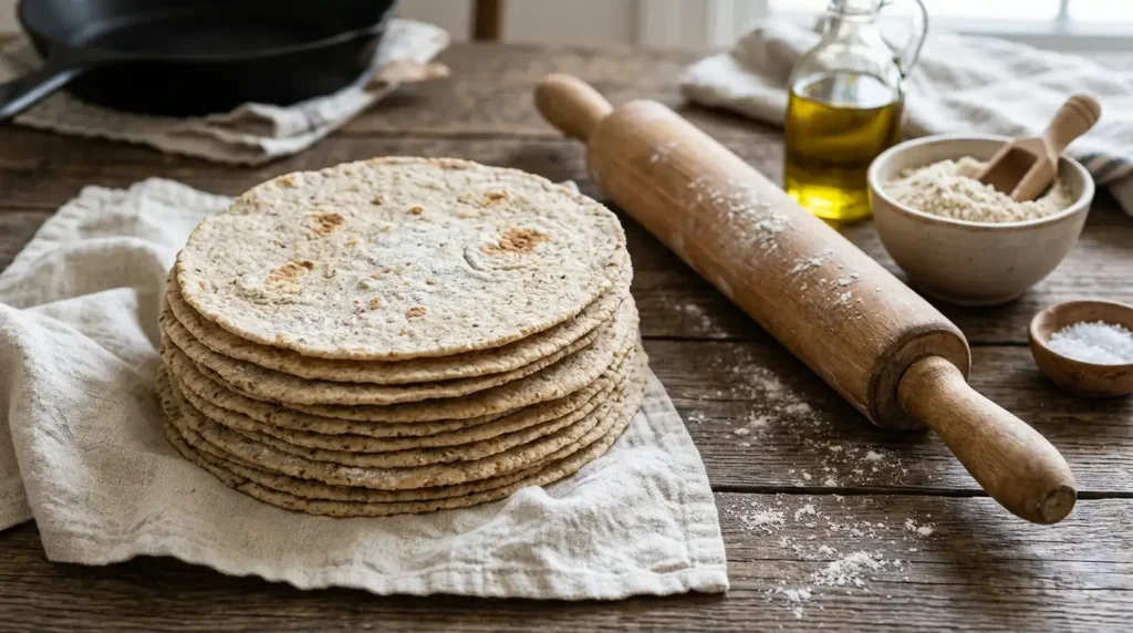 Stack of low carb tortillas on wooden kitchen table