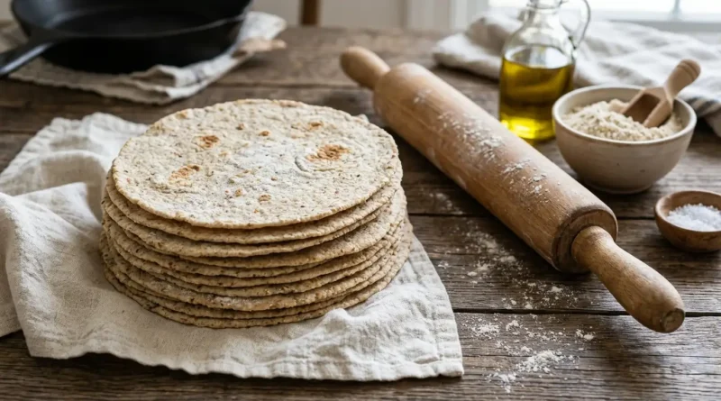 Stack of low carb tortillas on wooden kitchen table