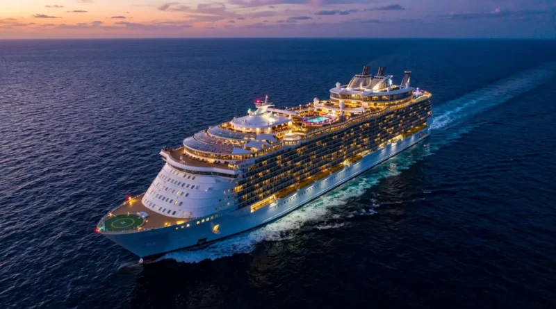 Luxury cruise ship sailing on the ocean at dusk