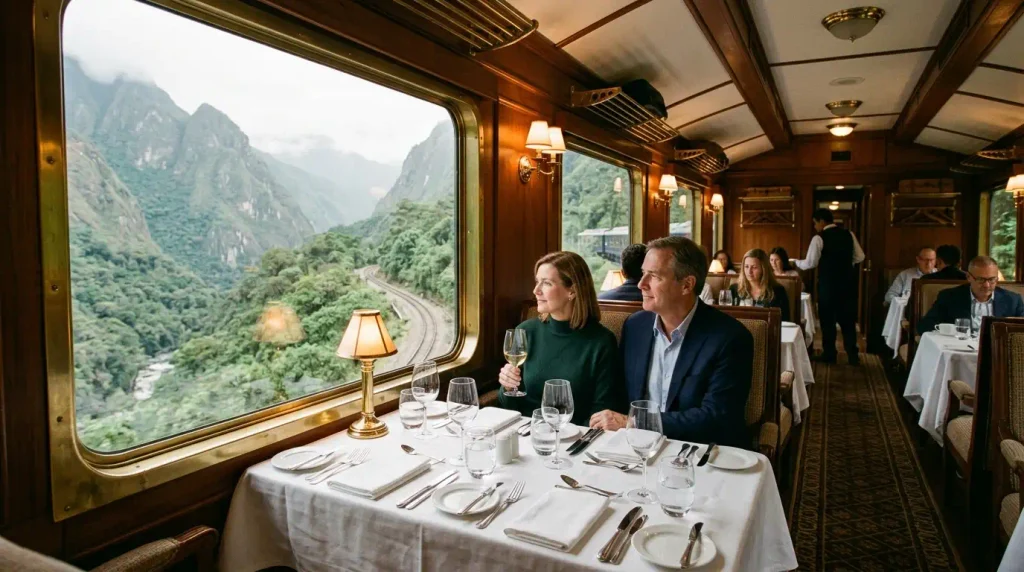 Luxury Machu Picchu tours dining car on a premium train from Cusco