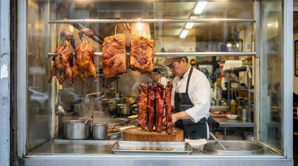 Roast meats on display at Mama Li Canary Wharf