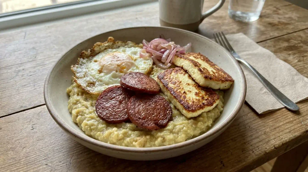 Mangú with los tres golpes breakfast plate