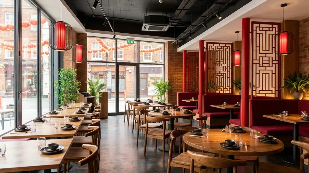 Modern restaurant interior with red accents in Chinatown