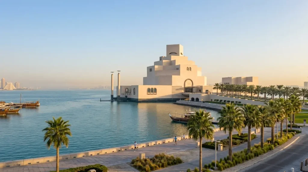 Museum of Islamic Art in Doha from the Corniche in morning light