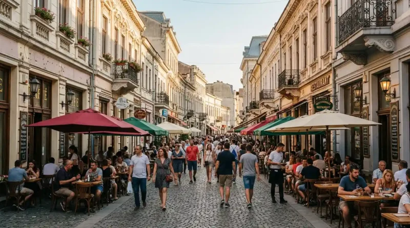 Lipscani Old Town street in Bucharest with cafes and historic facades