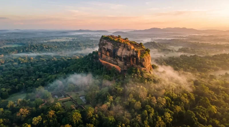 Sigiriya Lion Rock rising above the plains at sunrise