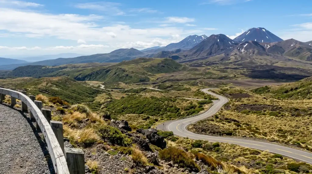 New Zealand North Island itinerary landscape with volcanic hills and road