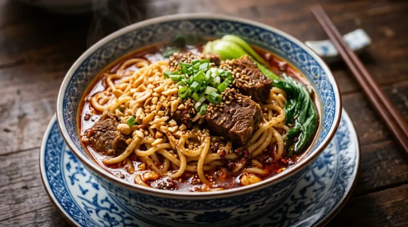 Spicy Sichuan noodles with beef and peanuts at Noodle and Beer