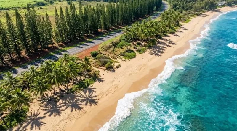 North Shore Beach Oahu aerial with palms and sand