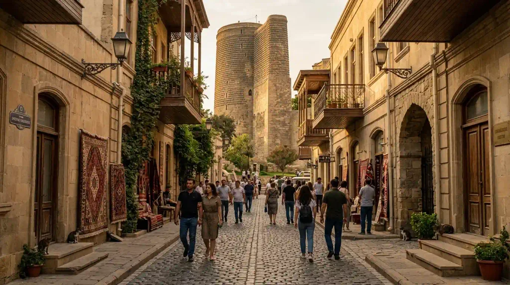 Maiden Tower and stone lanes in Baku Old City